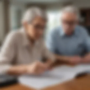 Elderly couple reviewing reverse mortgage documents