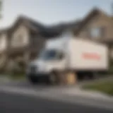 Moving truck loaded with boxes in front of a modern house