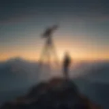 Silhouette of a person standing on a mountain peak with a telescope looking at the horizon