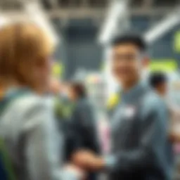 A young worker engaging with customers in a retail environment, showcasing excellent customer service skills.