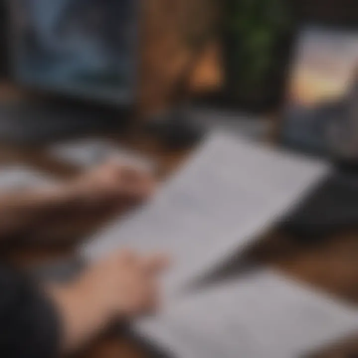 A person reviewing financial documents in front of a laptop.