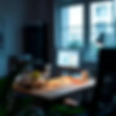 A workspace set up with a computer and other tools for remote work