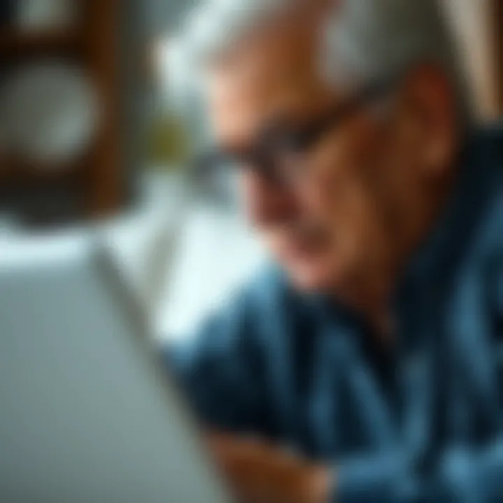 A close-up of a senior working on a laptop with focused expression