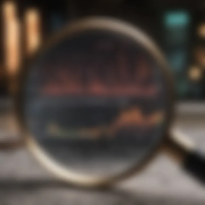 A magnifying glass focusing on a stock market report