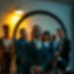 A magnifying glass focused on a diverse group of professionals