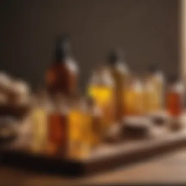 A variety of massage oils and tools arranged beautifully on a wooden table.