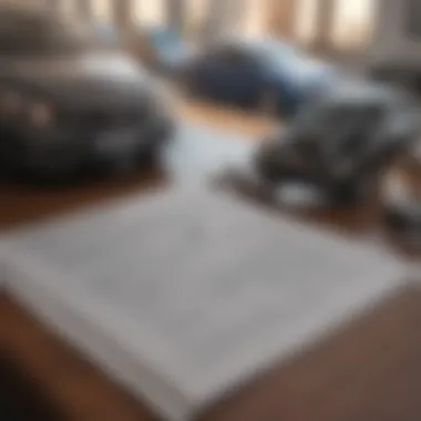 A detailed view of a car lease agreement and insurance policy documents spread out on a table.