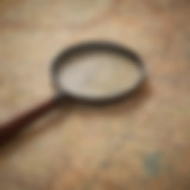 A magnifying glass over a map symbolizing search for heirs