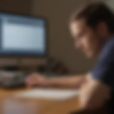 Financial Strain from Missing Paychecks Graphic showing a person looking at bills and a computer screen