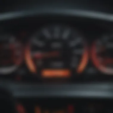 Close-up of a car dashboard showing warning lights