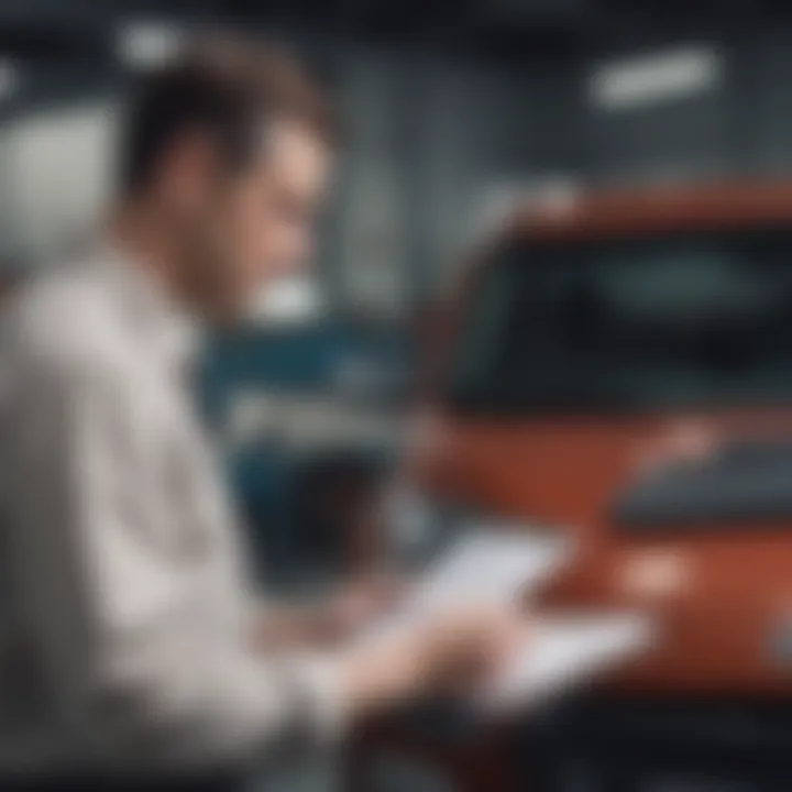 Dealer inspecting a vehicle with a clipboard