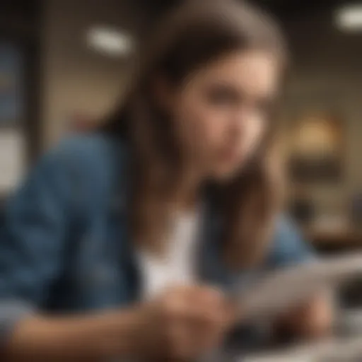 A teenager reviewing financial options at a bank