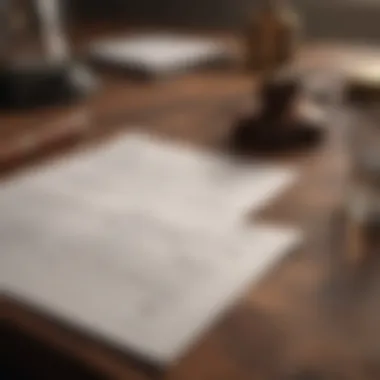 Intricate legal paperwork on a polished wooden table