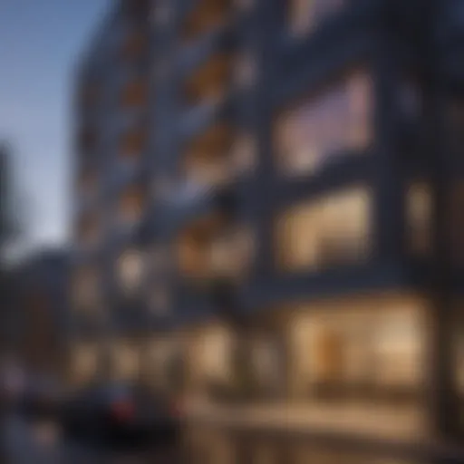 Stylish apartment exterior at dusk