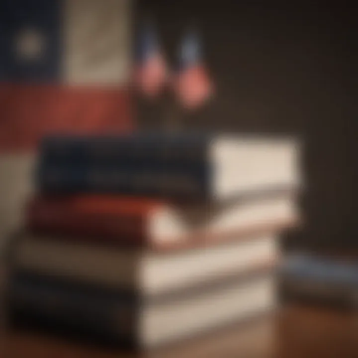 Stack of books with Texas flag bookmark on property tax laws