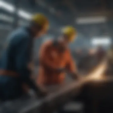 Precision Quality Control in Steel Industry Steel workers inspecting finished products