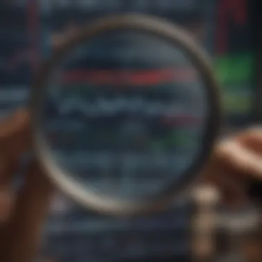 Visual of a magnifying glass focusing on a stock market price