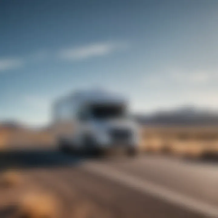 Sleek RV driving on open road under clear blue sky