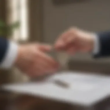 Two individuals exchanging keys symbolizing property deed transfer