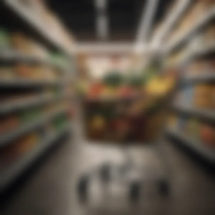 Shopping cart filled with assorted groceries