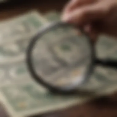 A financial analyst examining bank notes under a magnifying glass.