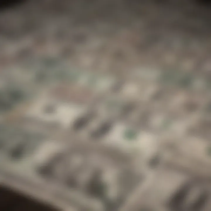 An overview of different bank notes arranged in a display.