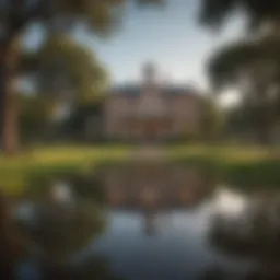 A scenic view of the Texas landscape with a focus on a historic estate