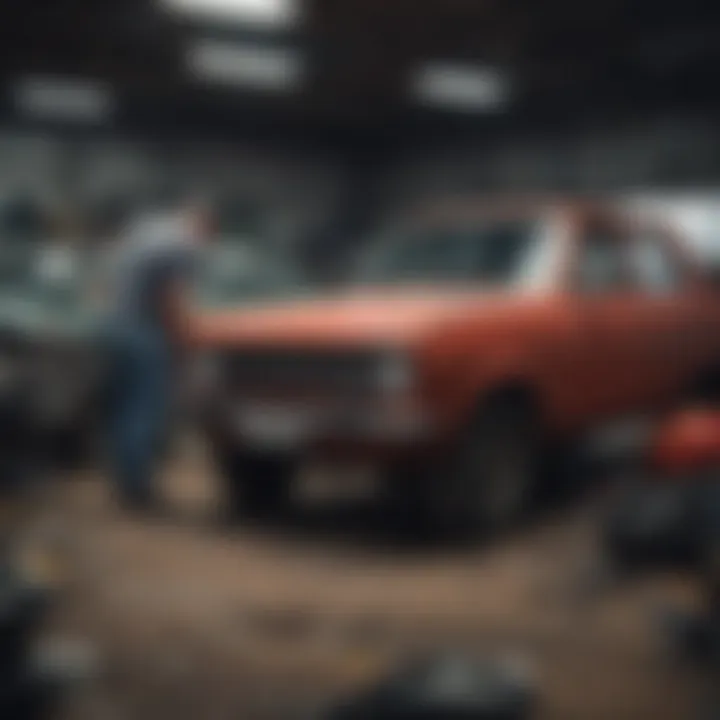 A mechanic inspecting a salvaged car in a repair shop.