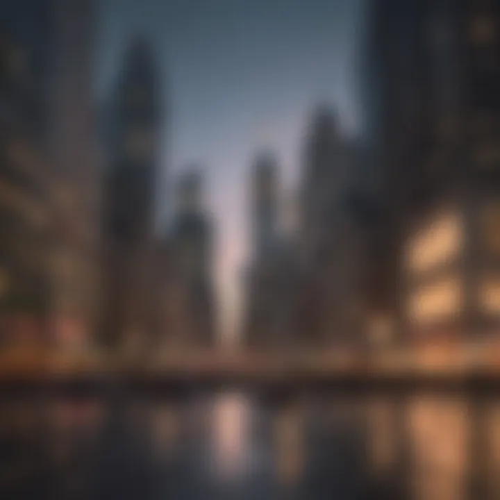 Financial district skyline in New York at dusk