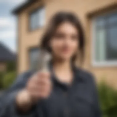 Key to Future Homeownership Young person holding key in front of a modern house facade